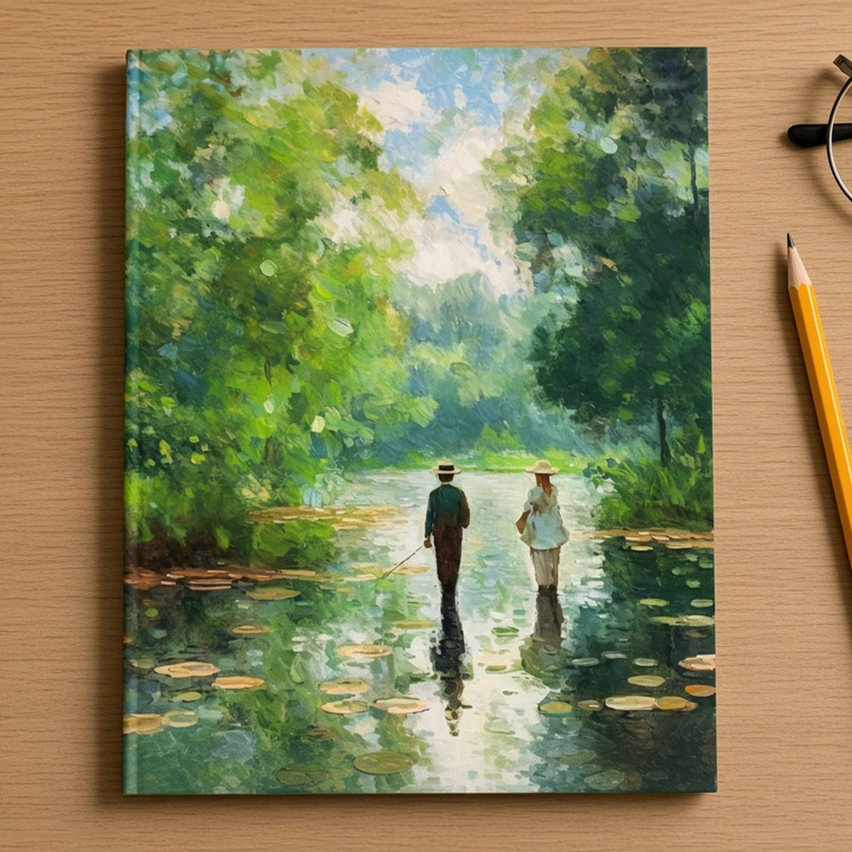 Impressionist-style pond with lily pads and two figures from the bundle printed flat on a hardback notebook, image 0101