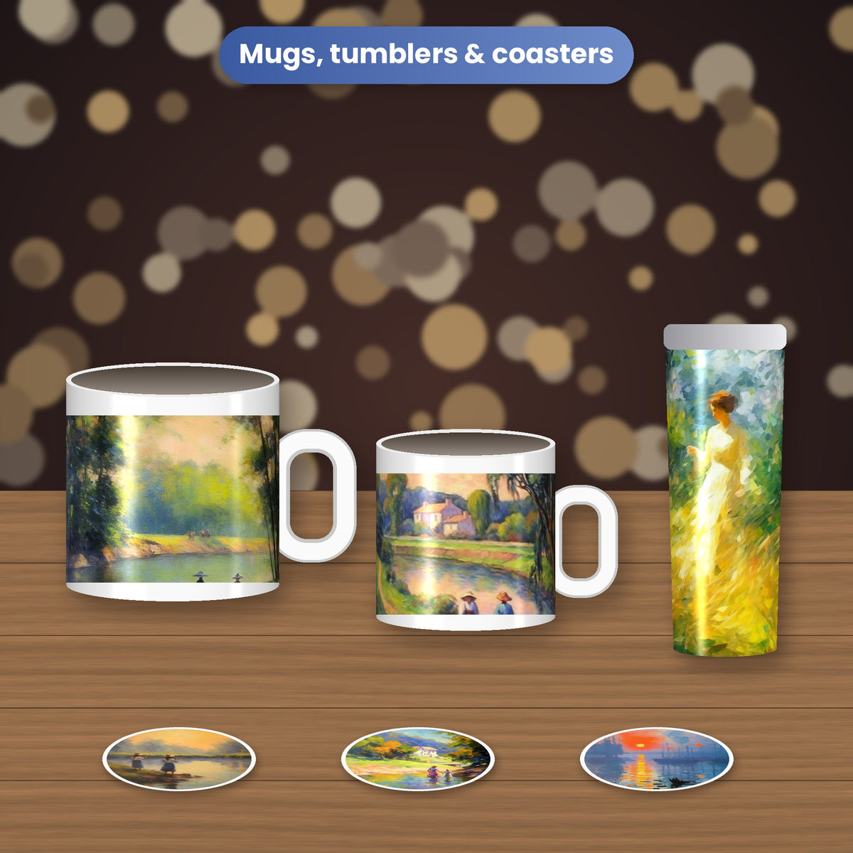 Impressionist Art Collection: bundle images printed on mugs, a tumbler and coasters on a wooden table