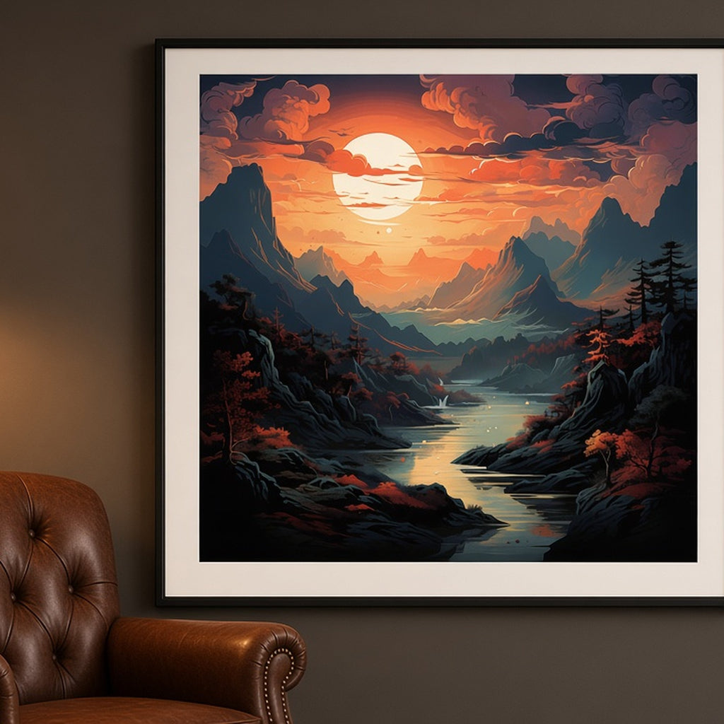 Illustrated mountain river sunset from the bundle shown as a flat framed print, image 0533