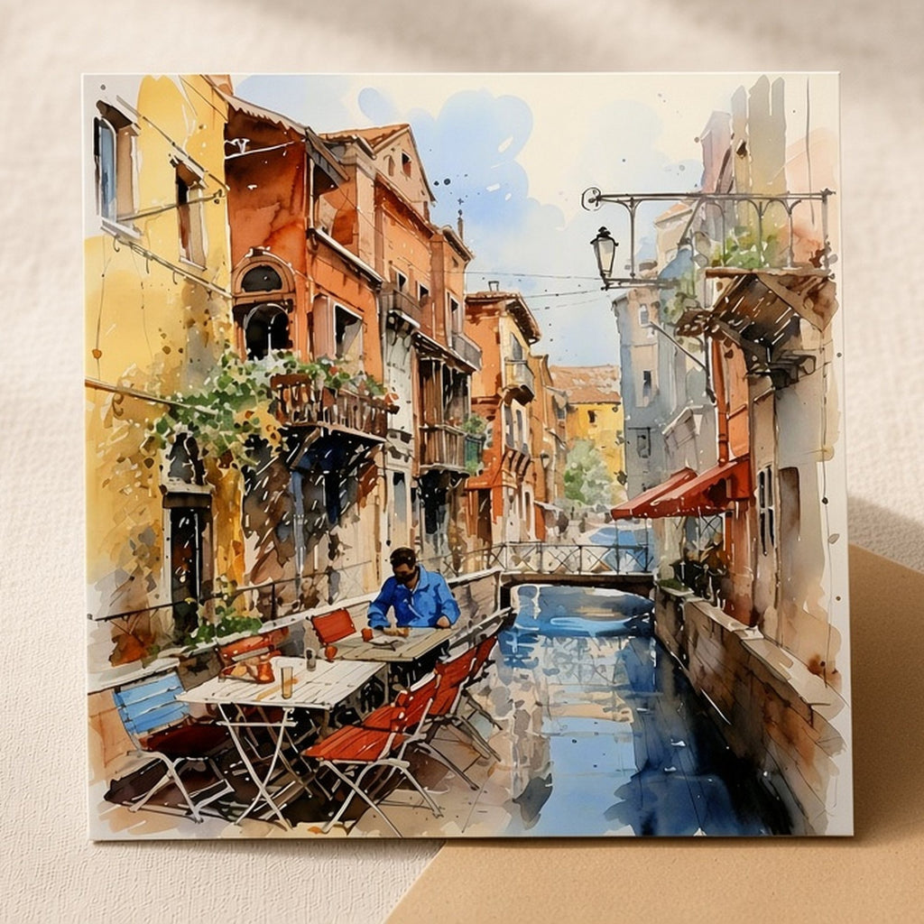 Watercolour Italian canal street from the bundle printed flat on a greeting card, image 0680