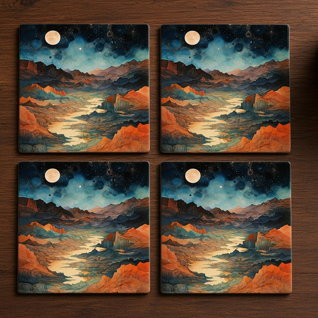 Moonlit canyon river landscape from the bundle printed flat on a set of four coasters, image 0435