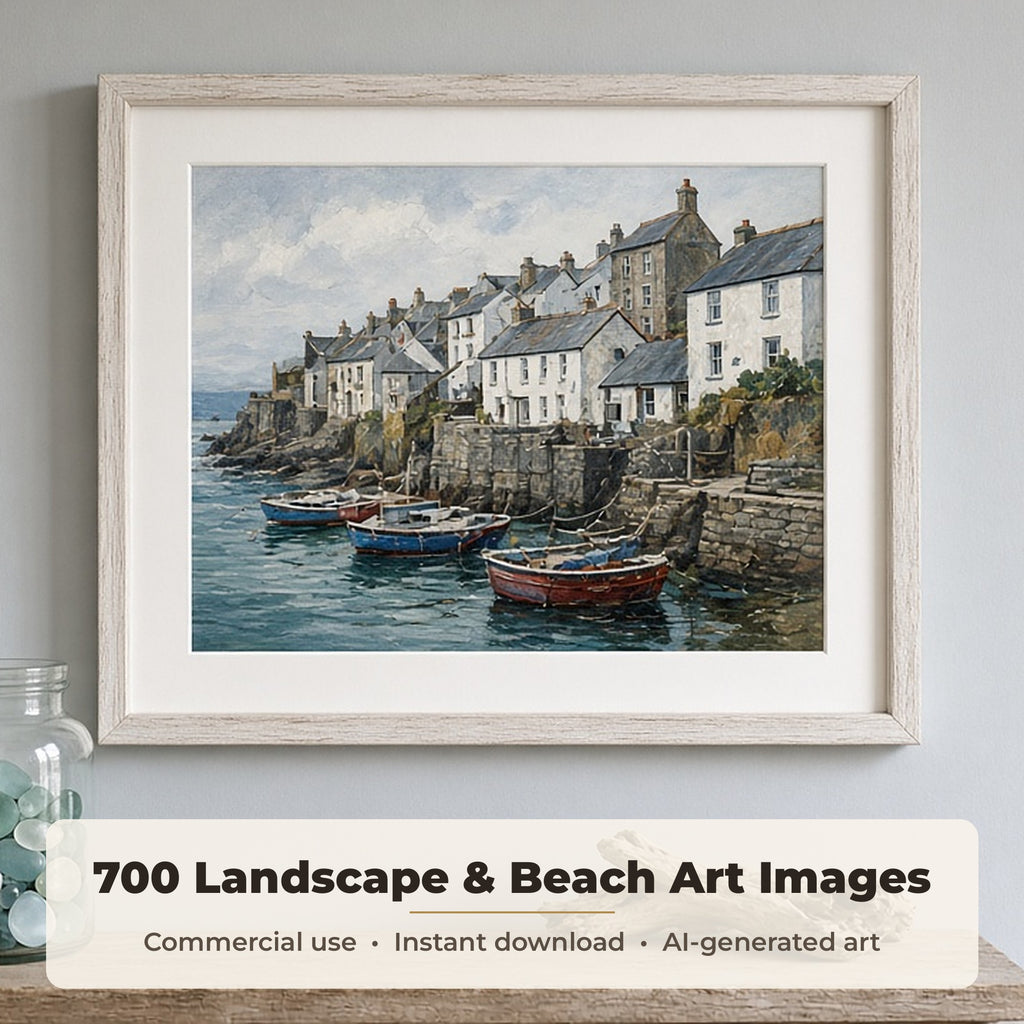Landscape & Beach Art Collection: Framed painting of a Cornish fishing harbour with white cottages and boats in a seaside hallway with sea glass and driftwood, made with an image from this bundle