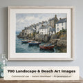 Landscape & Beach Art Collection: Framed painting of a Cornish fishing harbour with white cottages and boats in a seaside hallway with sea glass and driftwood, made with an image from this bundle