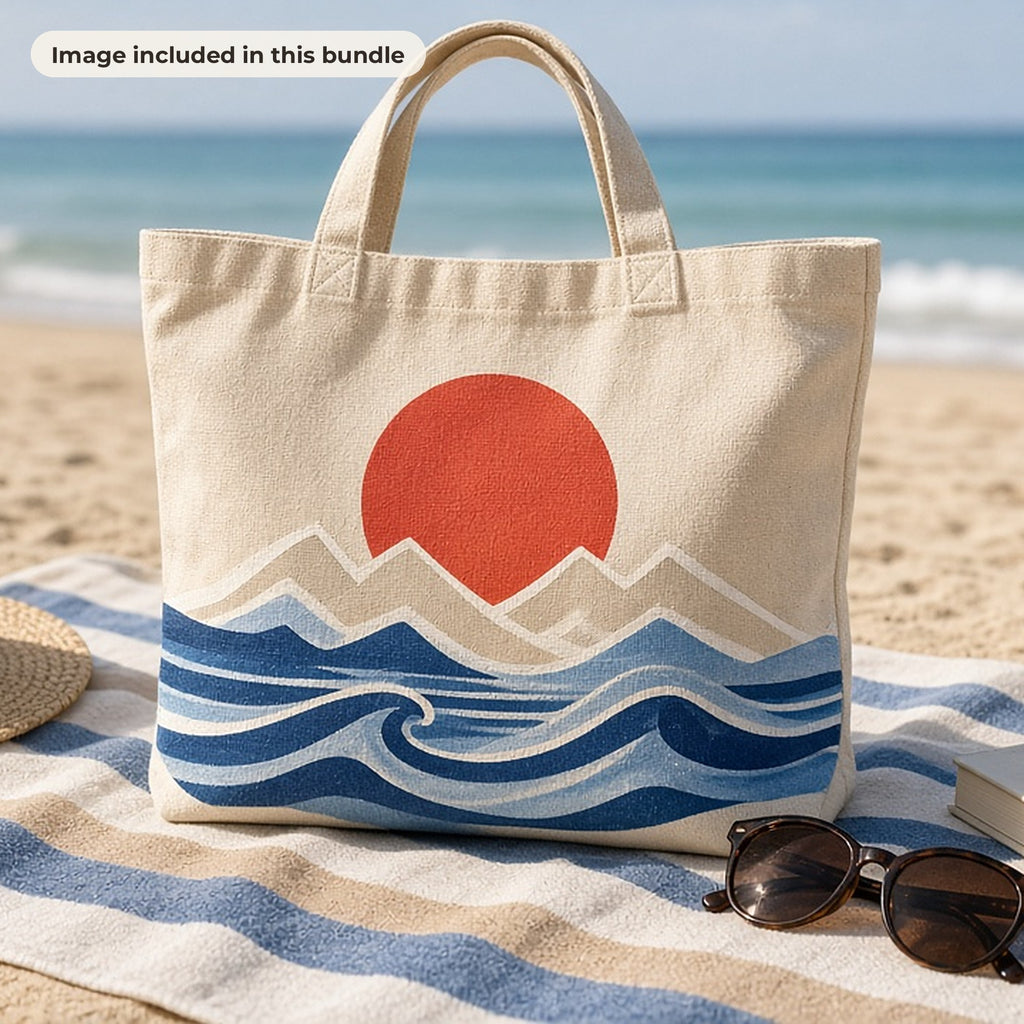 Landscape & Beach Art Collection: Canvas beach tote printed with a red sun over mountains and blue waves on a striped towel with a straw hat (image from this bundle)