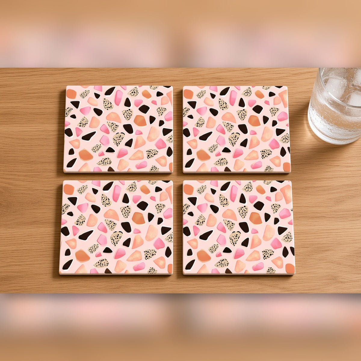 Pink terrazzo pattern from the bundle printed flat on a set of four coasters, image 0843