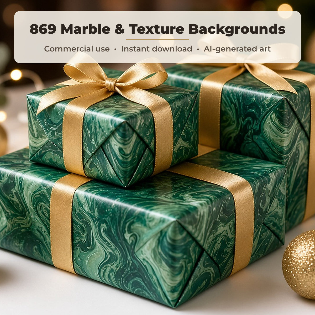 Marble, Texture & Frame Backgrounds: Christmas gifts wrapped in emerald green marble pattern paper with gold ribbon, gold baubles and eucalyptus, made with an image from this bundle