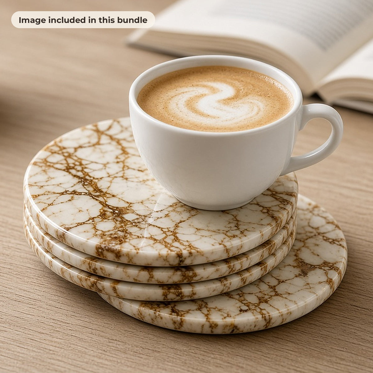 Marble, Texture & Frame Backgrounds: Stack of round glossy coasters printed with cream and gold marble, with a latte, a candle and an open book (image from this bundle)
