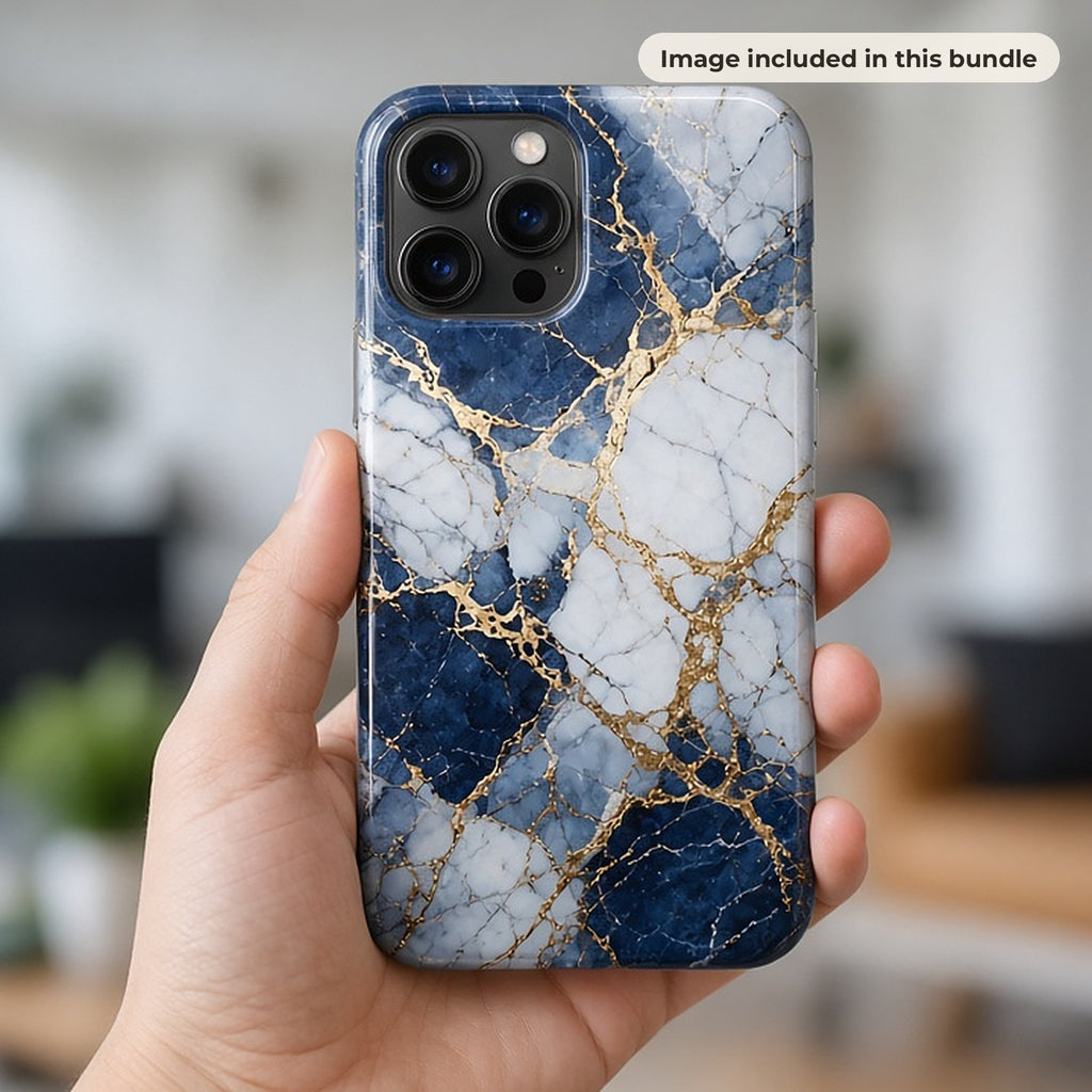 Marble, Texture & Frame Backgrounds: Hand holding a phone case printed with deep blue and white marble with gold veins in a modern living room (image from this bundle)
