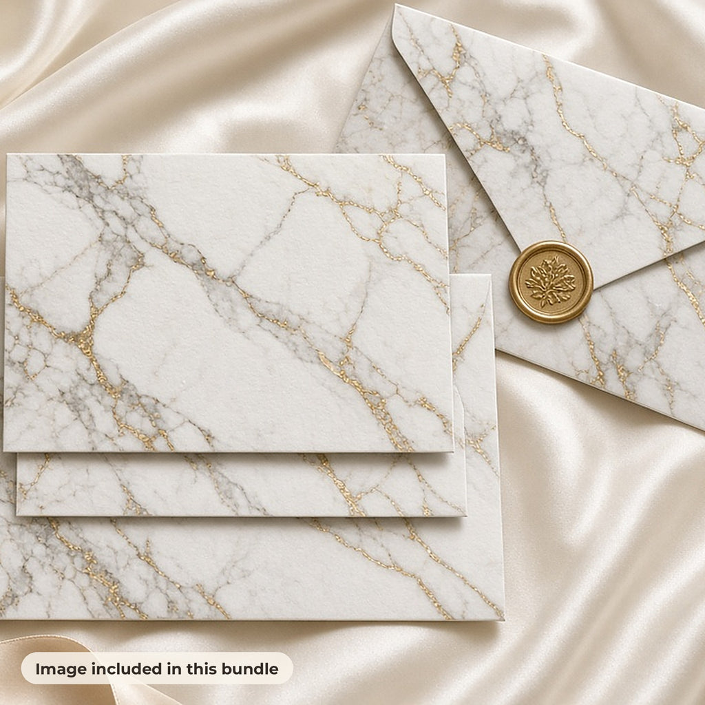 Marble, Texture & Frame Backgrounds: Blank wedding invitation cards and envelope printed with white and gold marble, with a wax seal, rings and white roses (image from this bundle)