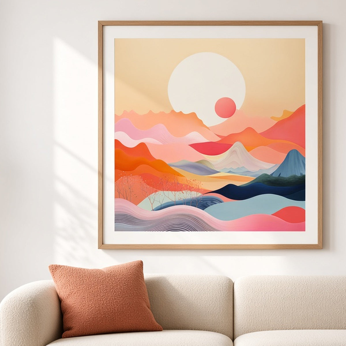 Pastel layered mountains with a pale sun from the bundle shown as a flat framed print, image 0349