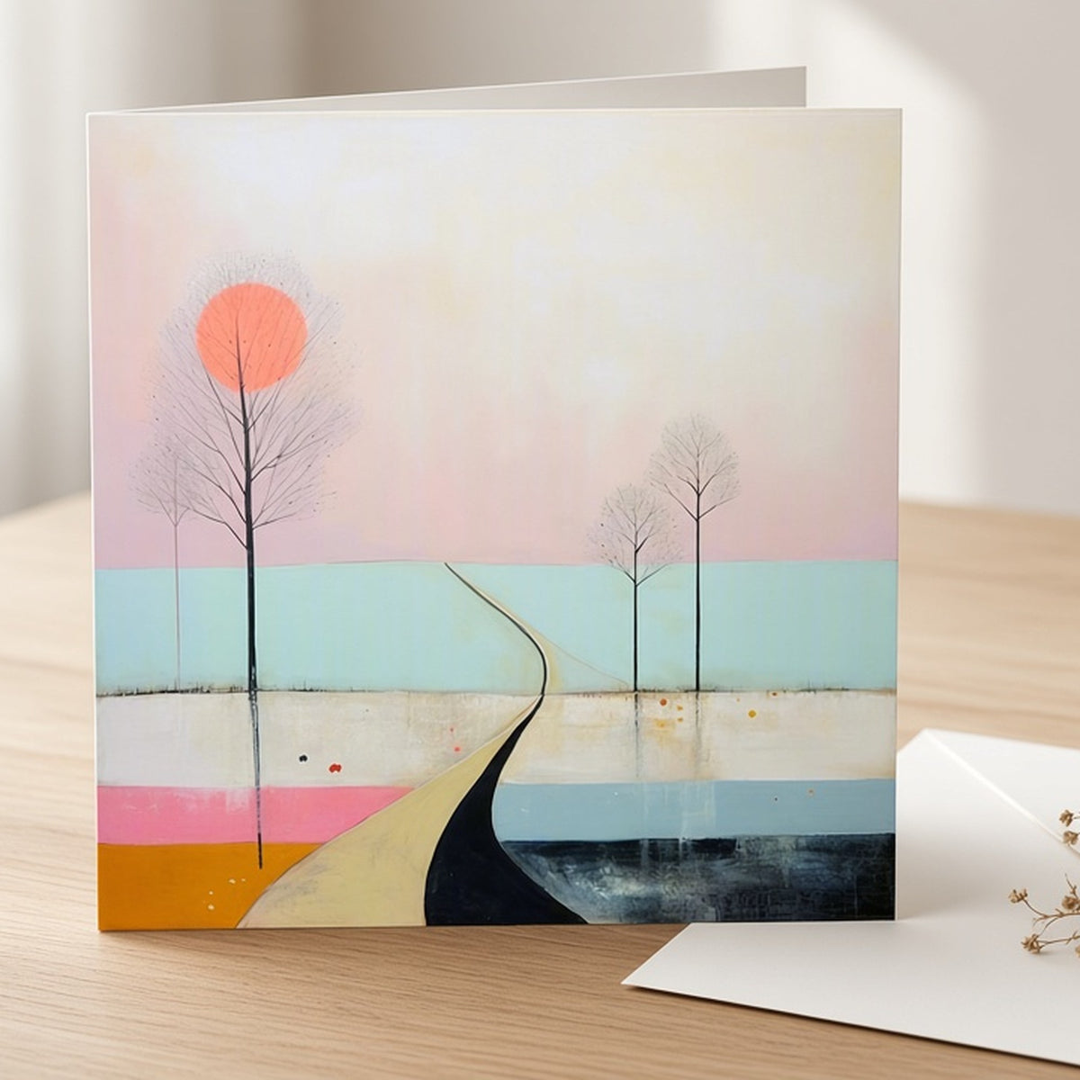 Minimalist coral sun landscape from the bundle printed flat on a greeting card, image 0221