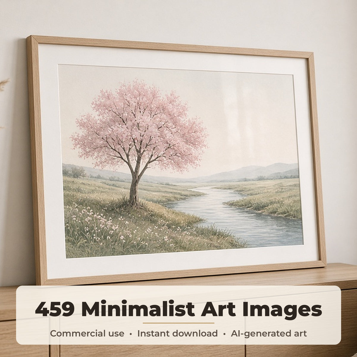 Minimalist Art Collection: Framed pastel landscape print of a pink blossom tree by a river leaning on a sideboard in a calm Scandinavian living room, made with an image from this bundle