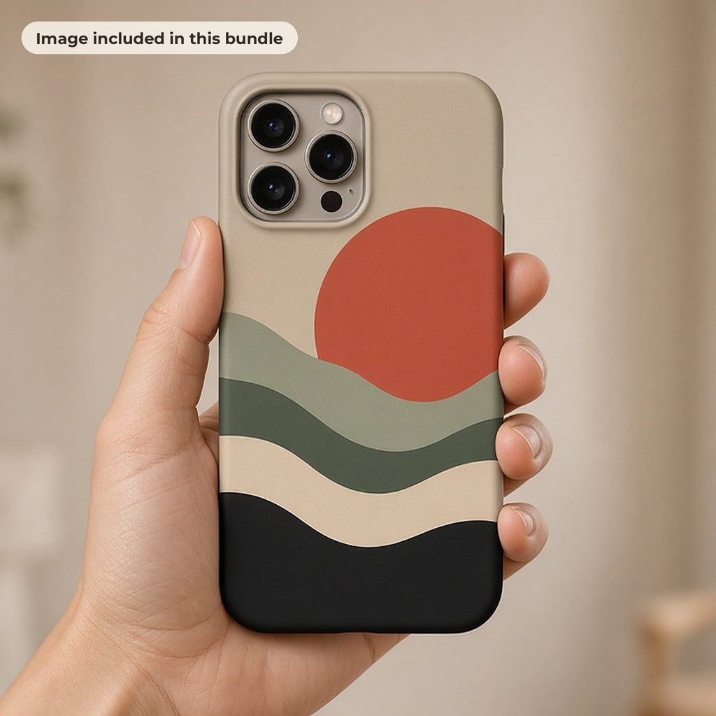 Minimalist Art Collection: Hand holding a phone case printed with a minimalist red sun over sage, cream and black waves (image from this bundle)
