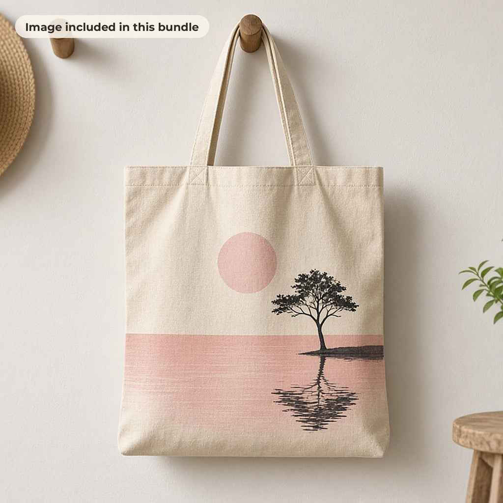 Minimalist Art Collection: Canvas tote bag printed with a minimalist pink sunset and lone tree, hanging on a peg beside a straw hat (image from this bundle)