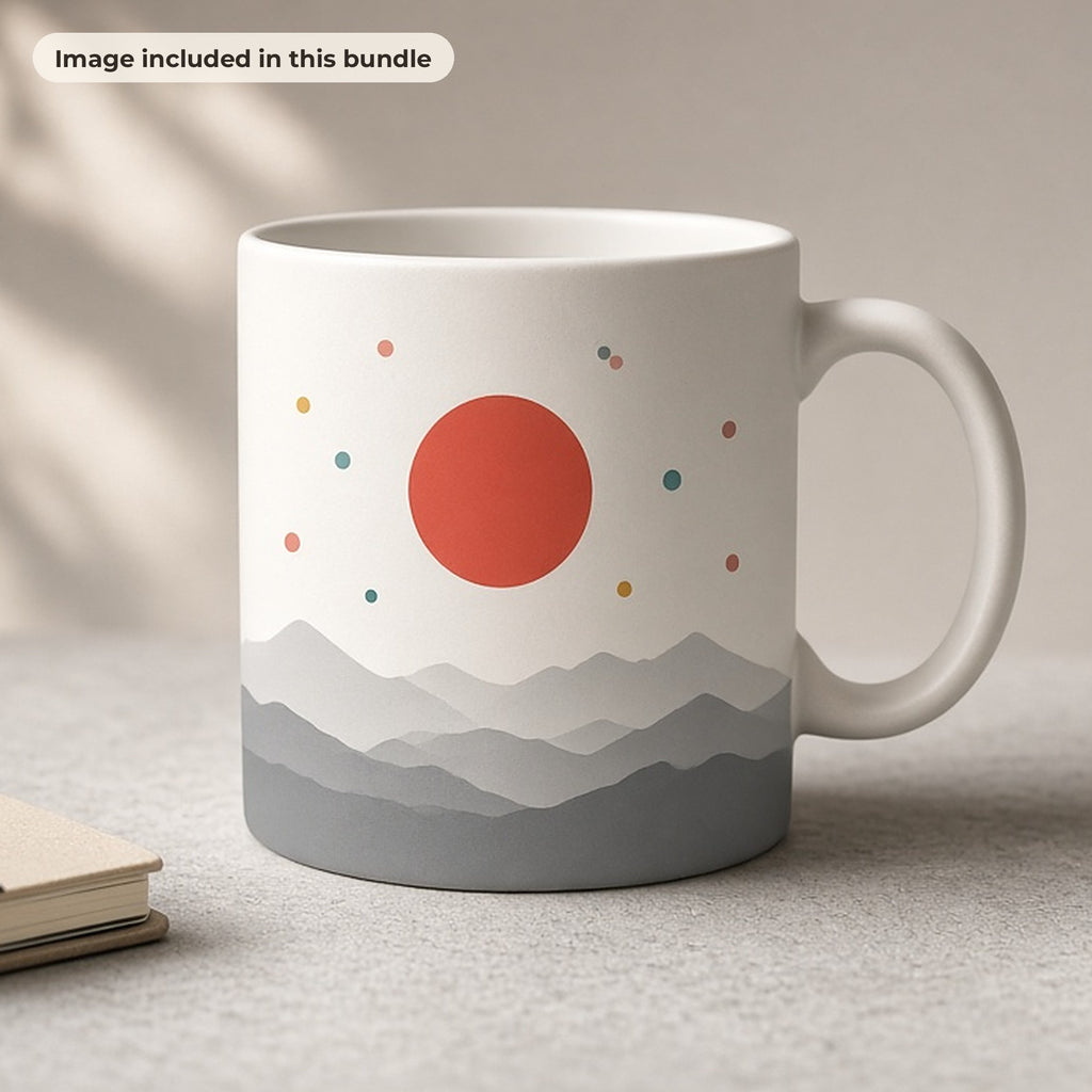 Minimalist Art Collection: White mug printed with minimalist grey mountains, a red sun and coloured dots on a desk with a notebook and succulent (image from this bundle)