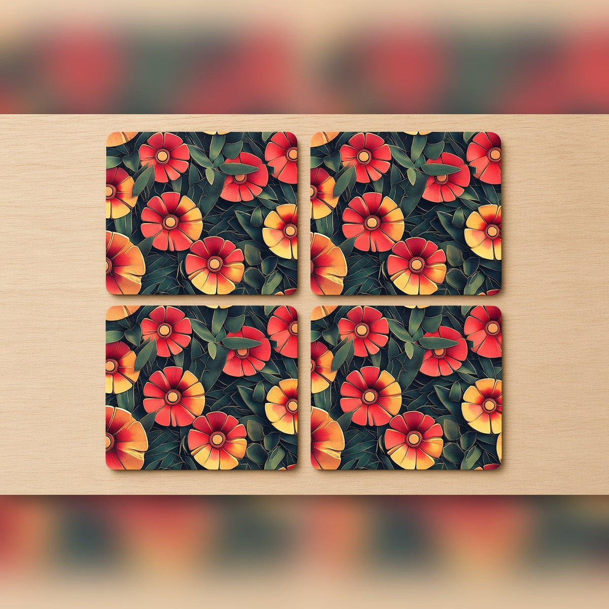 Coral and yellow flower pattern from the bundle printed flat on coasters, image 0679