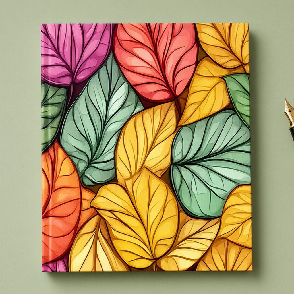 Colourful overlapping leaves pattern from the bundle printed flat on a hardback notebook, image 0628