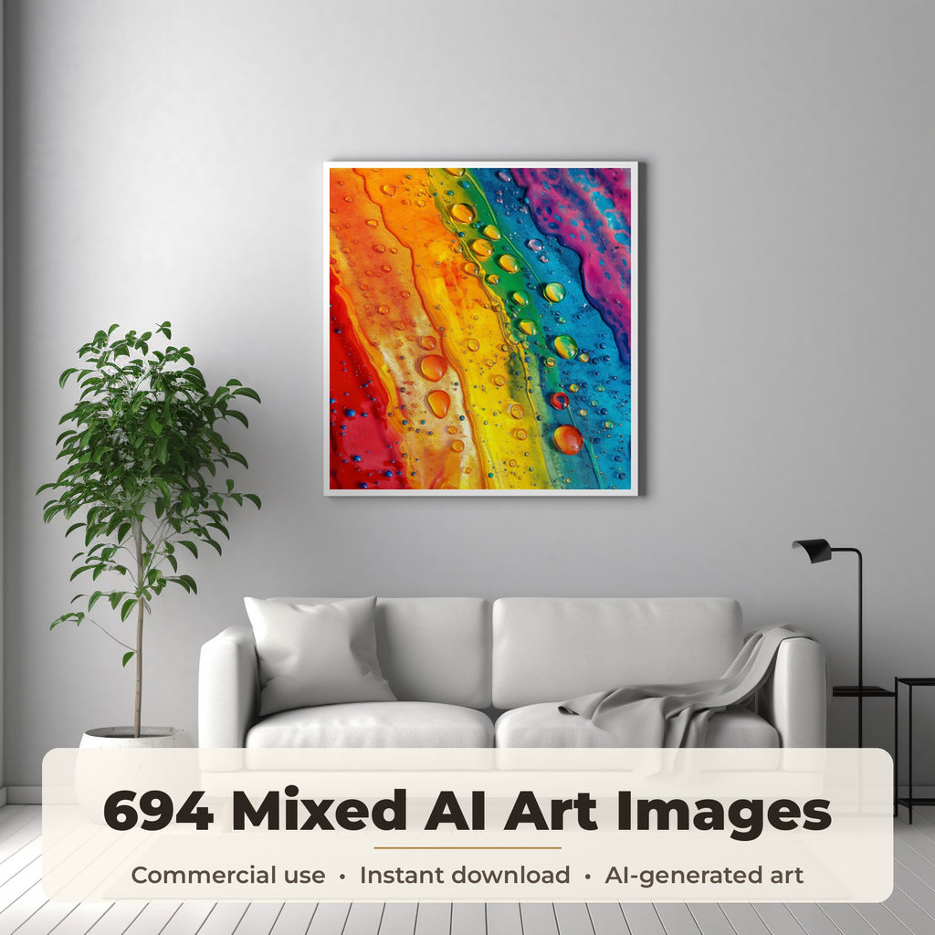 Mixed AI Art Collection: framed print of an image from the bundle on a living room wall, 694 images included