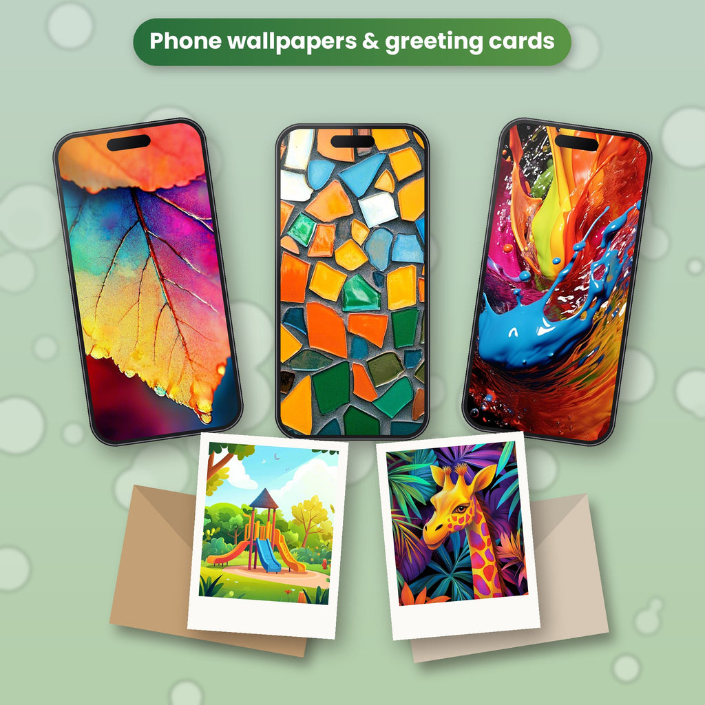 Mixed AI Art Collection: bundle images used as phone wallpapers and printed greeting cards with envelopes