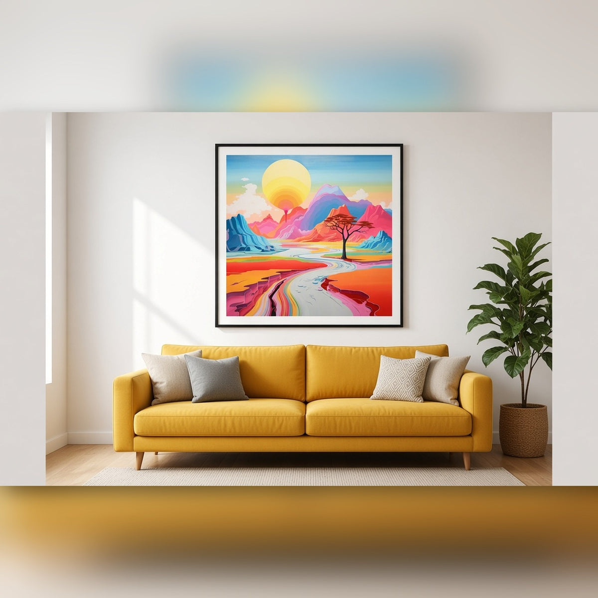 Vivid surreal landscape with winding river and lone tree from the bundle shown as a flat framed print, image 0092
