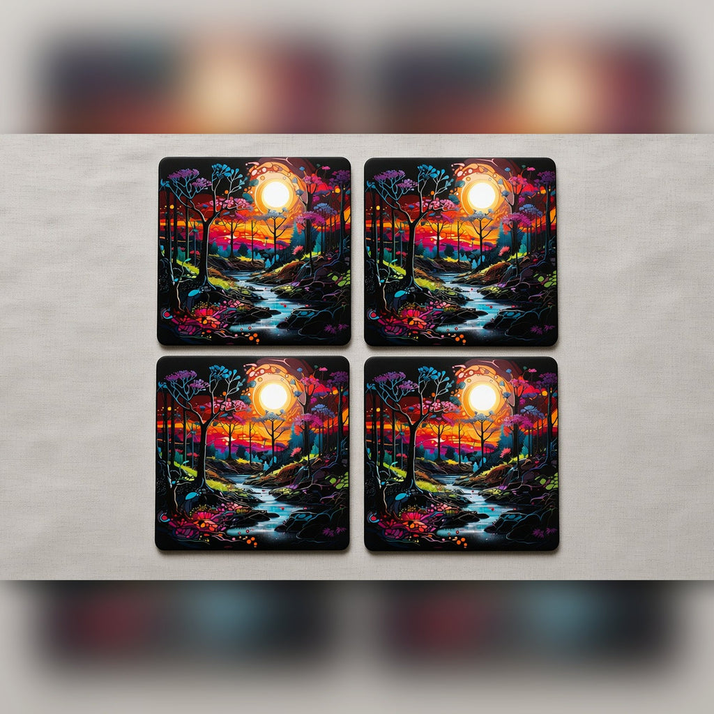 Vivid forest sunset with stream from the bundle printed flat on coasters, image 0355