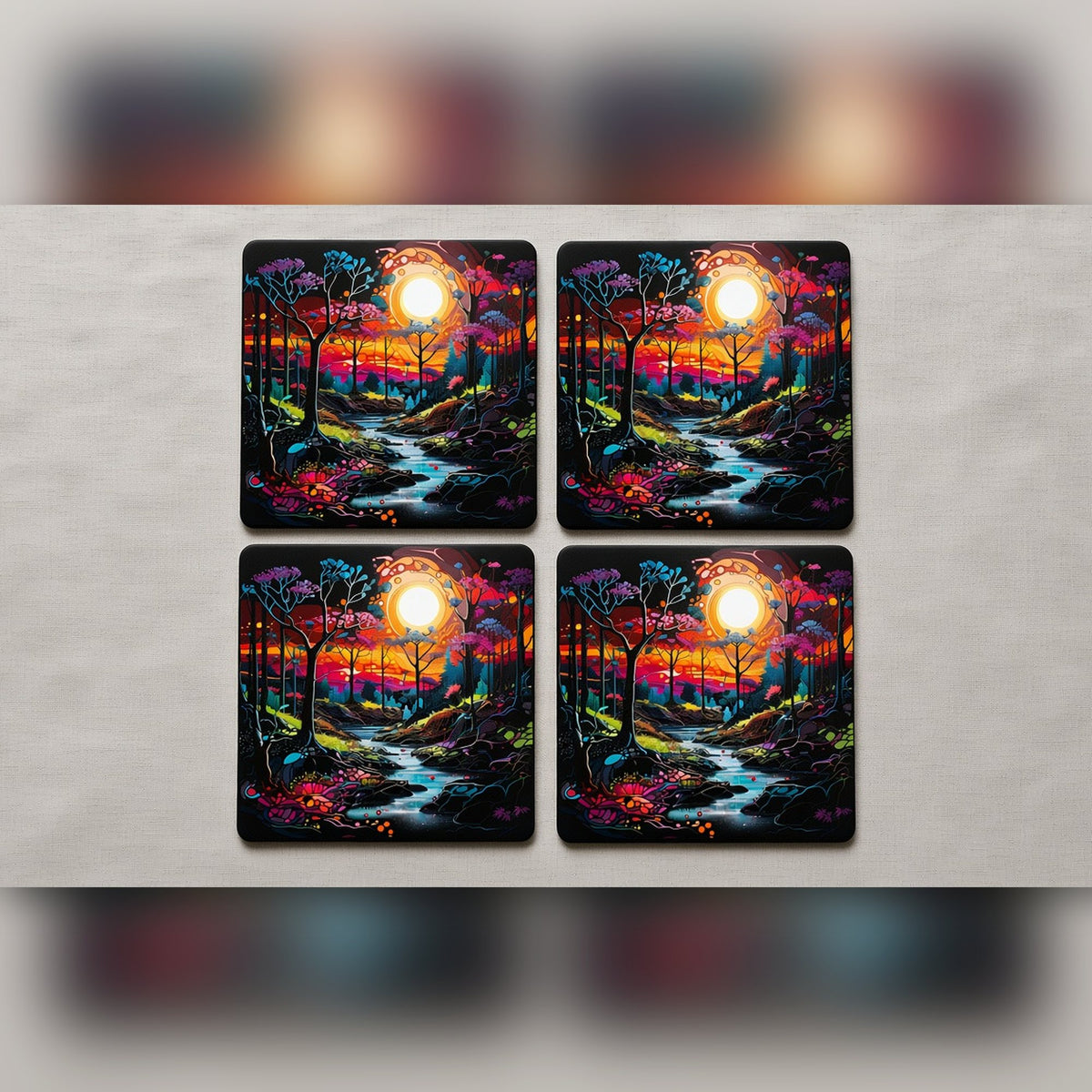 Vivid forest sunset with stream from the bundle printed flat on coasters, image 0355