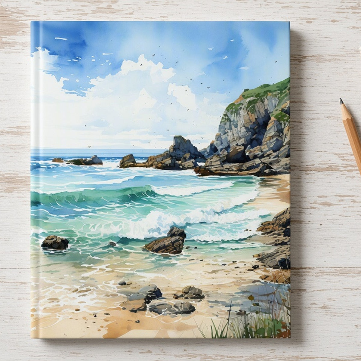 Watercolour rocky coastline from the bundle printed flat on a hardback notebook, image 0424