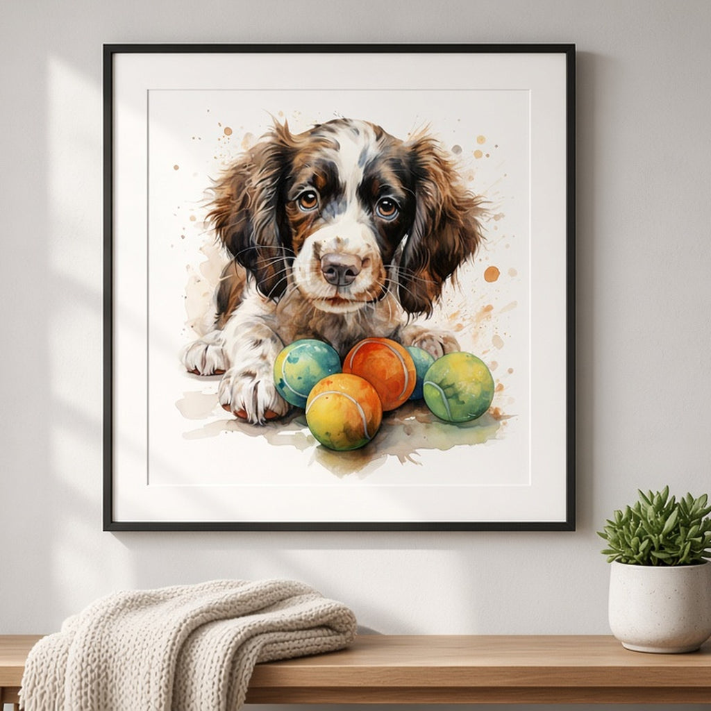 Watercolour spaniel puppy with tennis balls from the bundle shown as a flat framed print, image 0545
