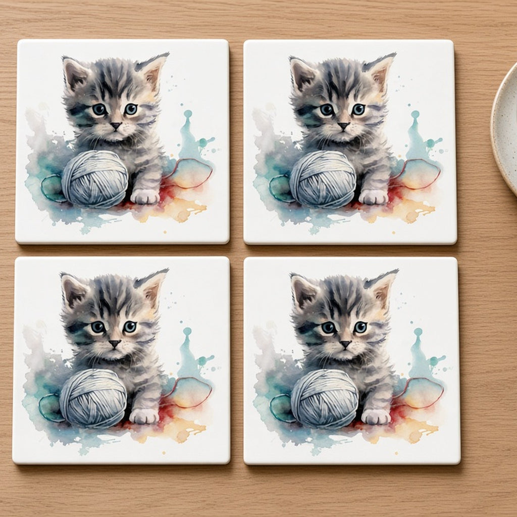 Watercolour tabby kitten with yarn from the bundle printed flat on a set of four coasters, image 0228
