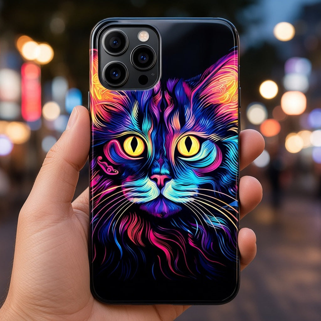 Neon rainbow cat portrait from the bundle printed flat on a phone case, image 1274