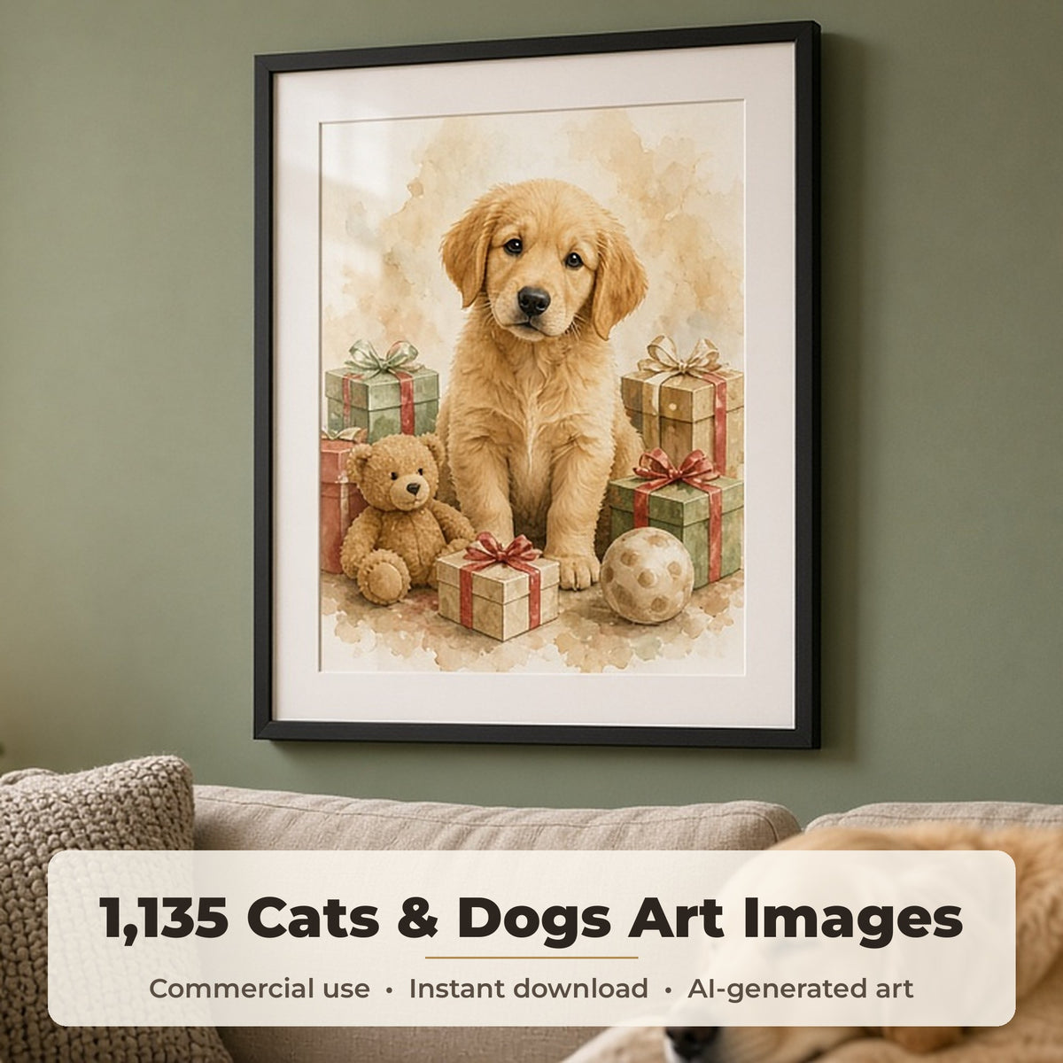 Cats & Dogs Art Collection: Framed watercolour print of a golden puppy with Christmas presents on a sage green wall above a sofa with a sleeping golden retriever, made with an image from this bundle