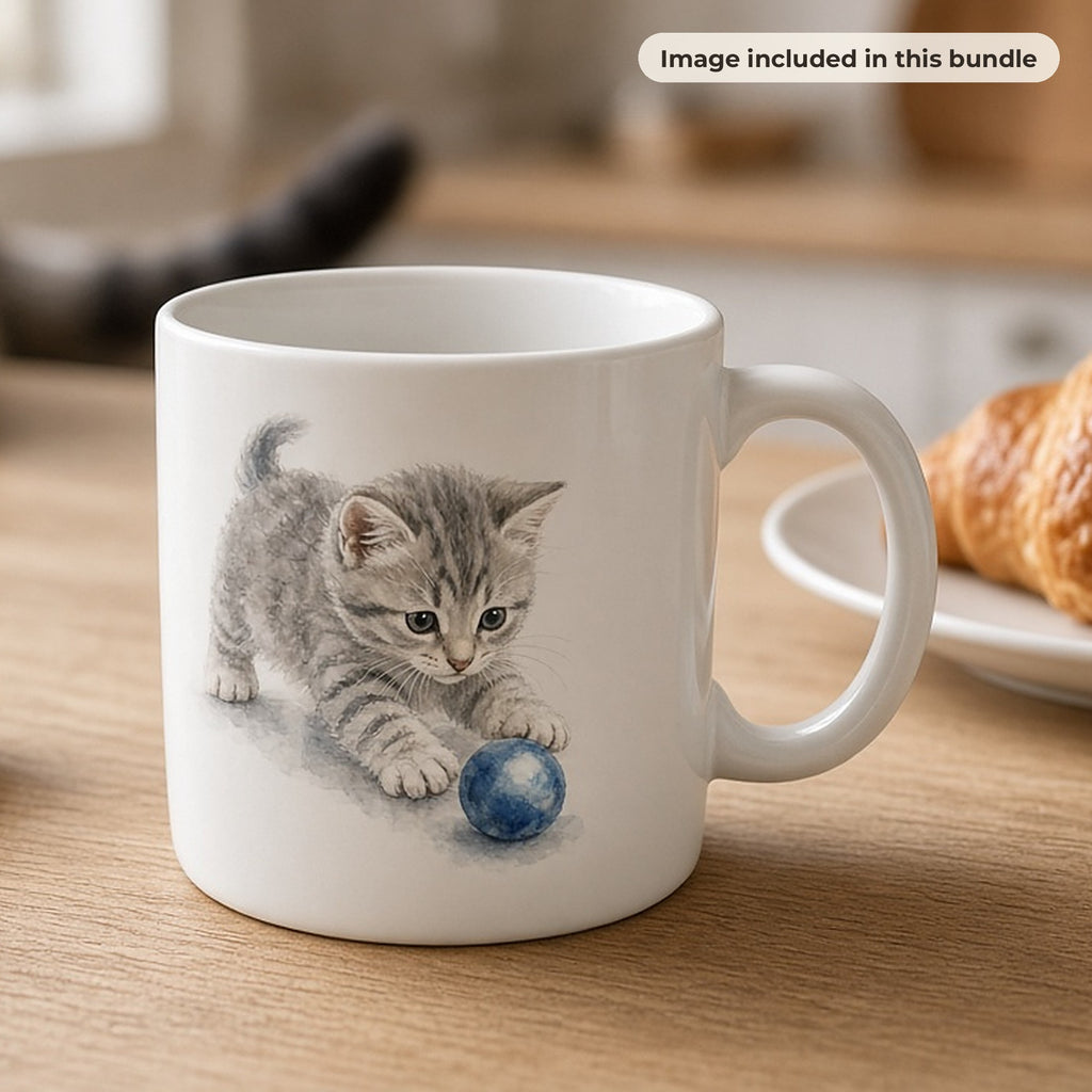 Cats & Dogs Art Collection: White coffee mug printed with a watercolour grey kitten playing with a blue ball on a kitchen table with a croissant (image from this bundle)