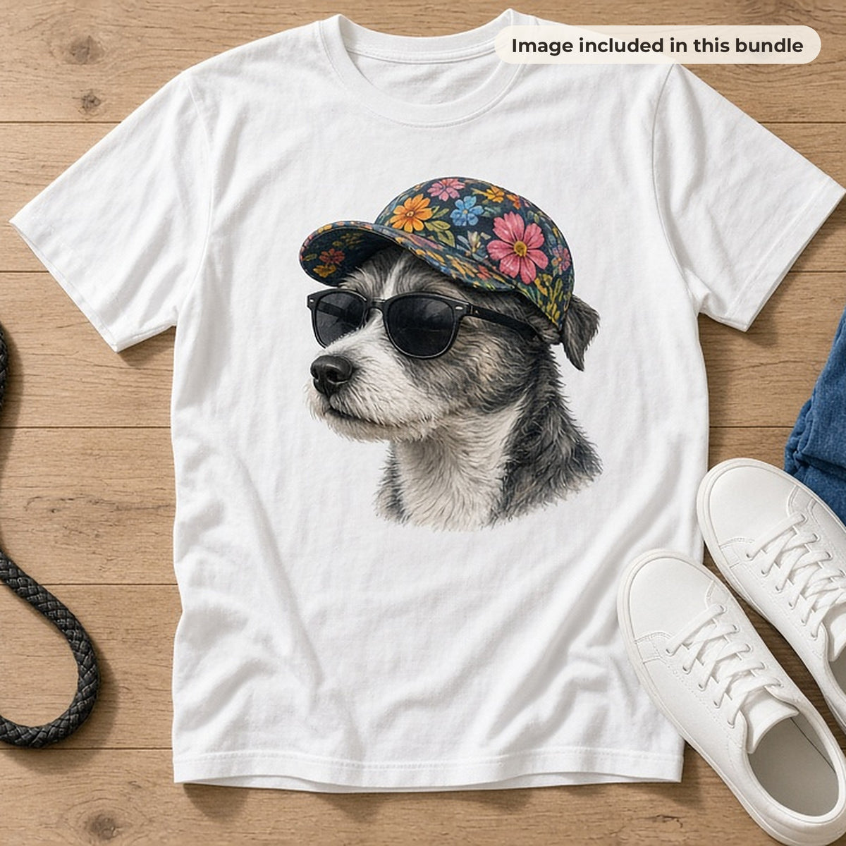 Cats & Dogs Art Collection: White t-shirt printed with a cool dog in sunglasses and a floral cap, laid flat with jeans, trainers and a dog lead (image from this bundle)