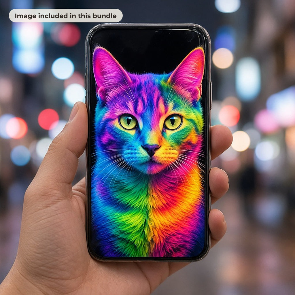 Cats & Dogs Art Collection: Hand holding a phone showing a vivid neon rainbow cat portrait as wallpaper against city lights (image from this bundle)