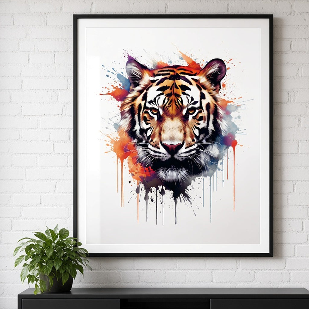 Ink-splash tiger face from the bundle shown as a flat framed print, image 0108