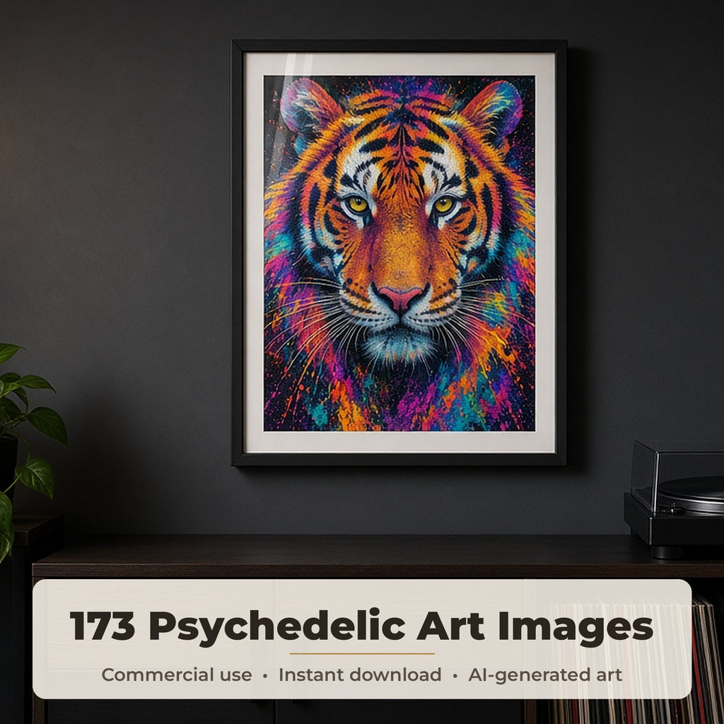 Psychedelic Art Collection: Framed neon psychedelic tiger portrait on a dark charcoal wall above a record player sideboard, made with an image from this bundle