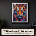 Psychedelic Art Collection: Framed neon psychedelic tiger portrait on a dark charcoal wall above a record player sideboard, made with an image from this bundle