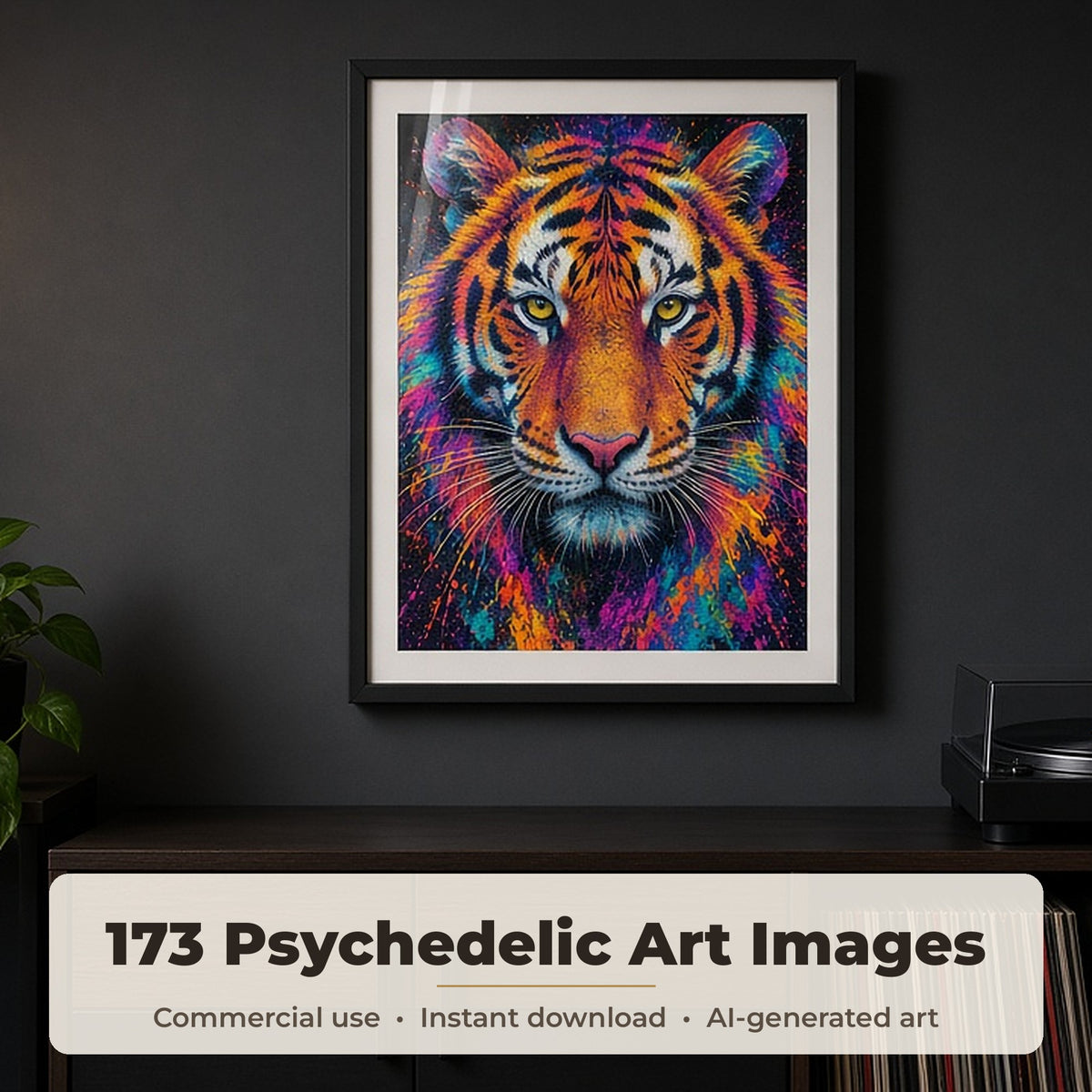 Psychedelic Art Collection: Framed neon psychedelic tiger portrait on a dark charcoal wall above a record player sideboard, made with an image from this bundle