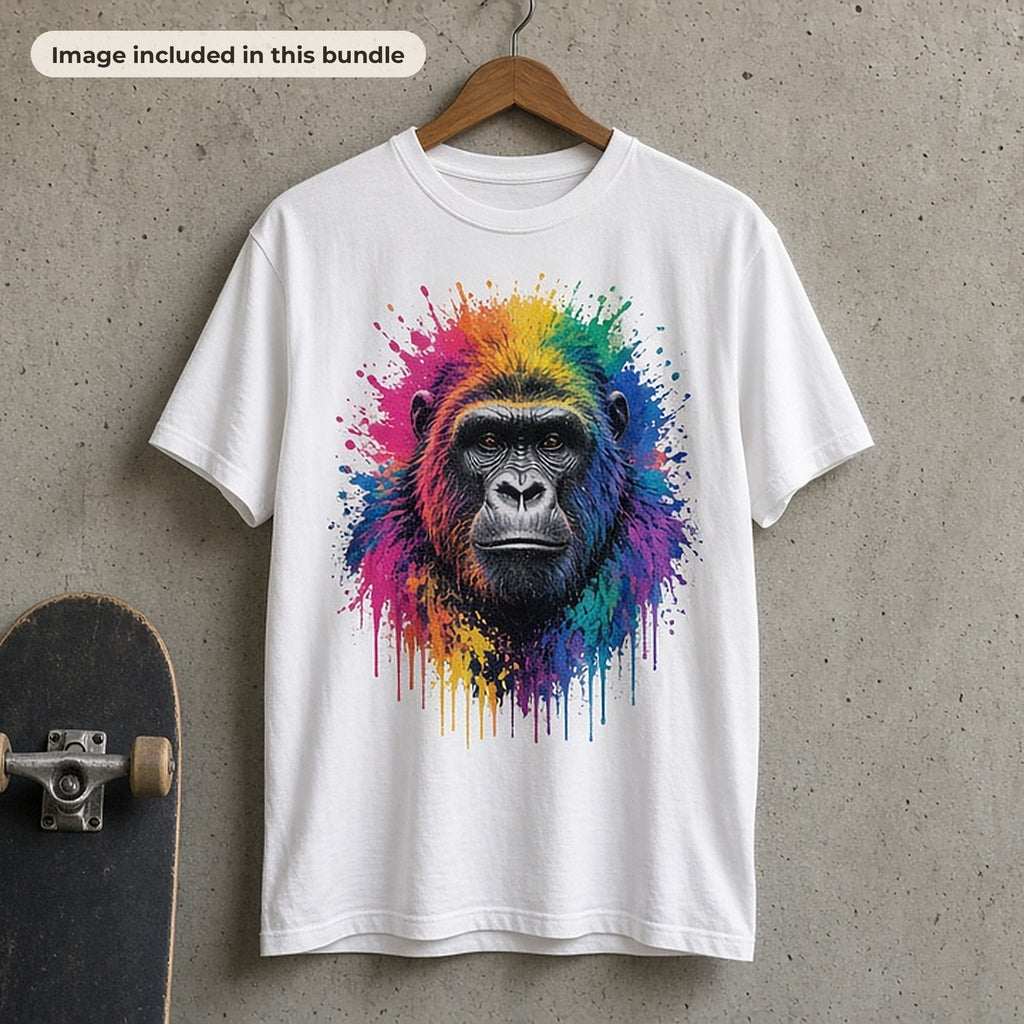 Psychedelic Art Collection: White t-shirt printed with a rainbow paint-splash ape portrait hanging on a concrete wall (image from this bundle)