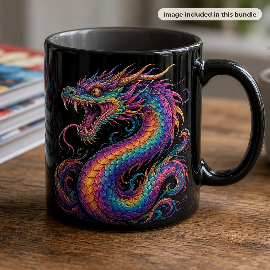 Psychedelic Art Collection: Black mug printed with a colourful psychedelic serpent dragon on a wooden desk (image from this bundle)