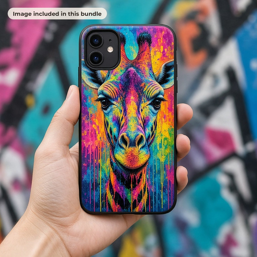 Psychedelic Art Collection: Hand holding a phone case printed with a rainbow drip giraffe portrait against graffiti (image from this bundle)