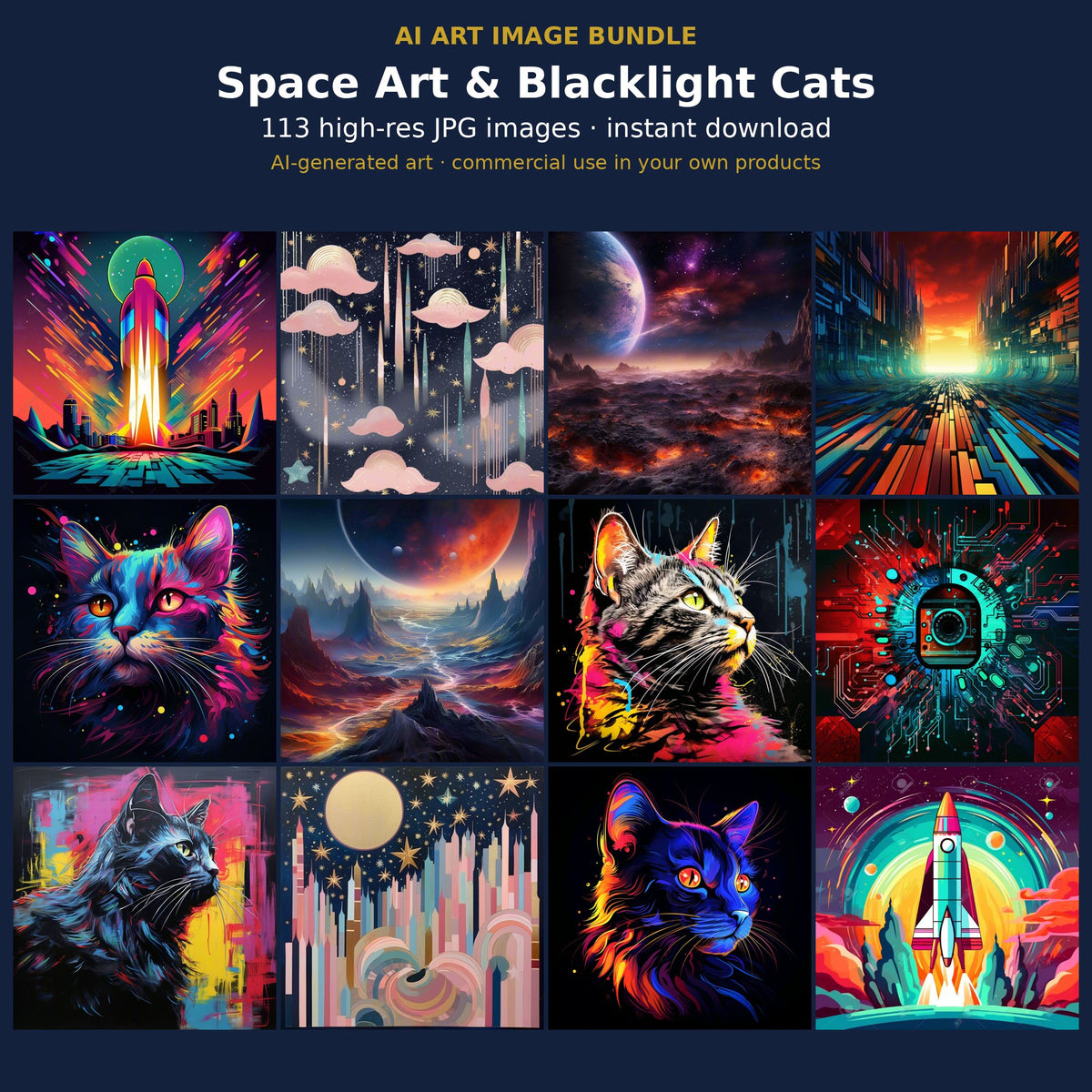 Space Art & Blacklight Cats: cover showing sample AI-generated images