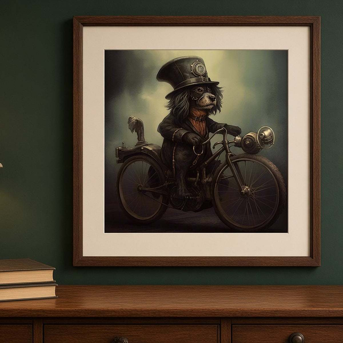 Steampunk dog in a top hat on a bicycle from the bundle shown as a flat framed print, image 0093