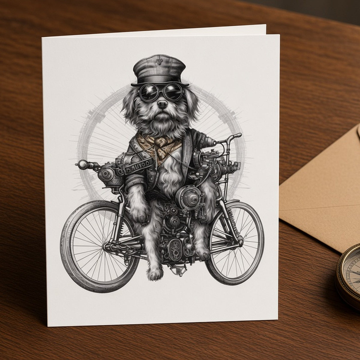 Pencil-style steampunk dog on a bicycle from the bundle printed flat on a greeting card, image 0173