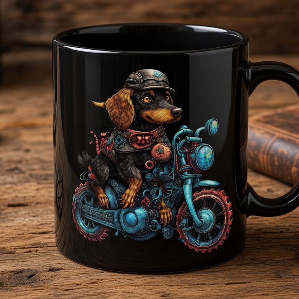 Steampunk dachshund on a motorbike from the bundle printed flat on a black ceramic mug, image 0120