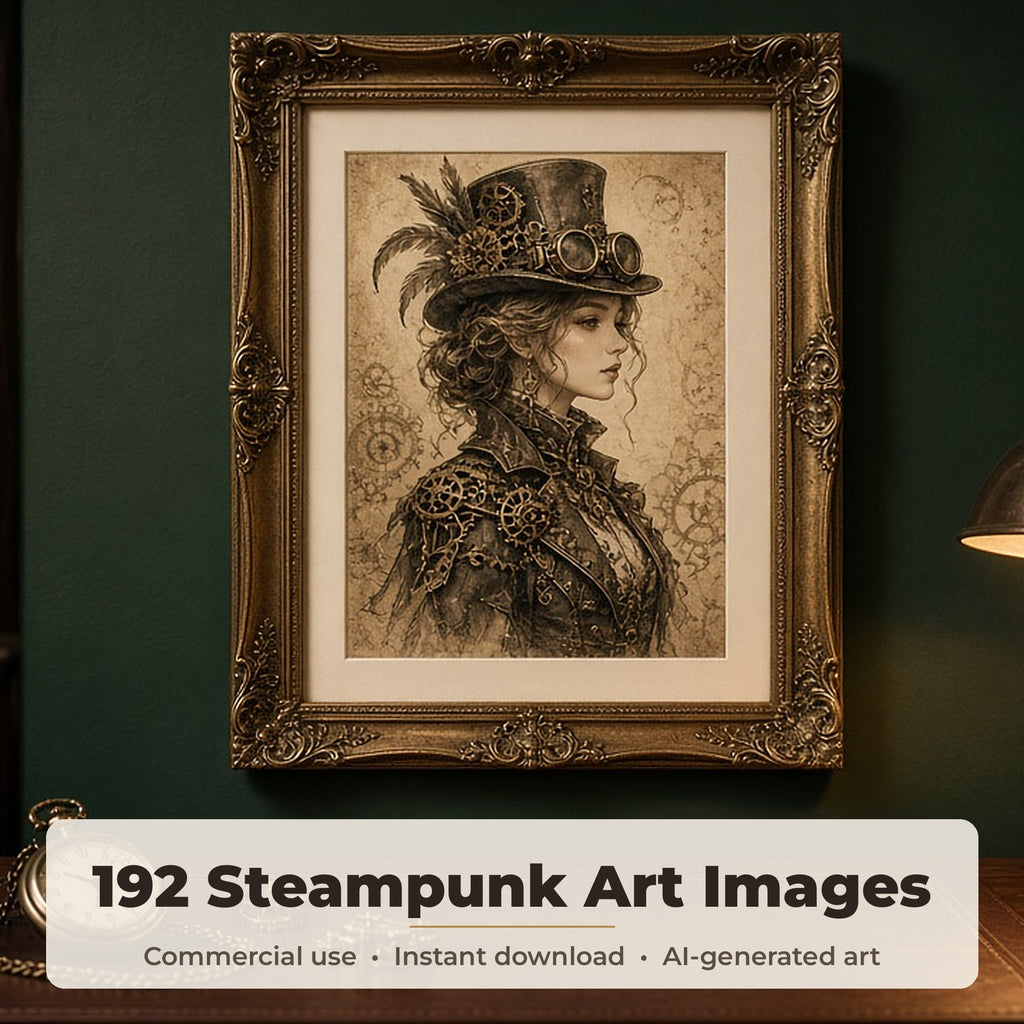 Steampunk Art & Steampunk Pets: Ornate gold framed sepia steampunk lady in a decorated top hat in a dark green study, made with an image from this bundle