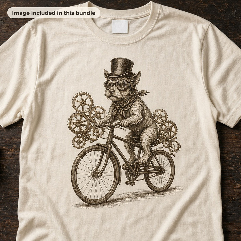 Steampunk Art & Steampunk Pets: Cream t-shirt printed with a steampunk dog in a top hat riding a gear bicycle, with goggles and a leather journal (image from this bundle)