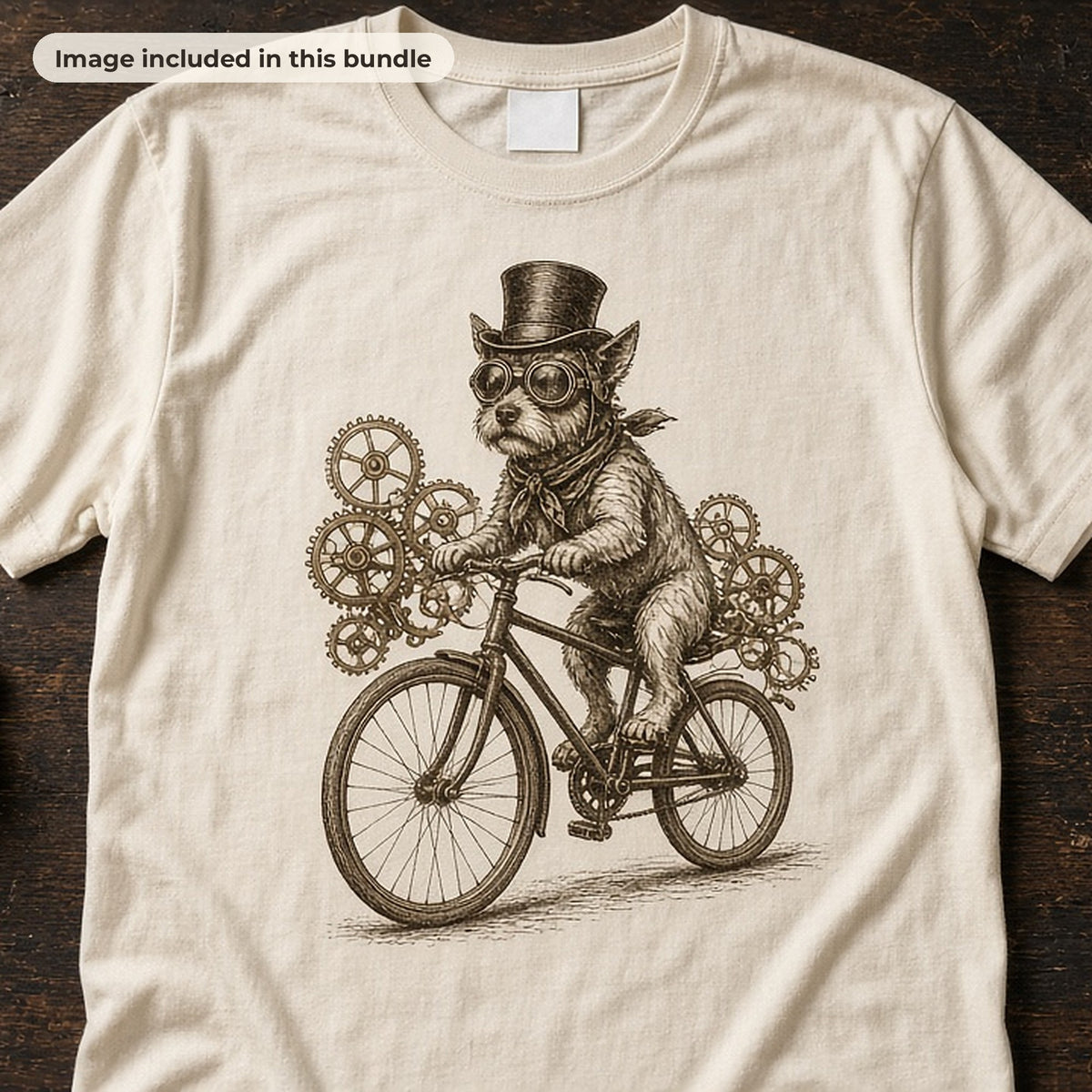 Steampunk Art & Steampunk Pets: Cream t-shirt printed with a steampunk dog in a top hat riding a gear bicycle, with goggles and a leather journal (image from this bundle)