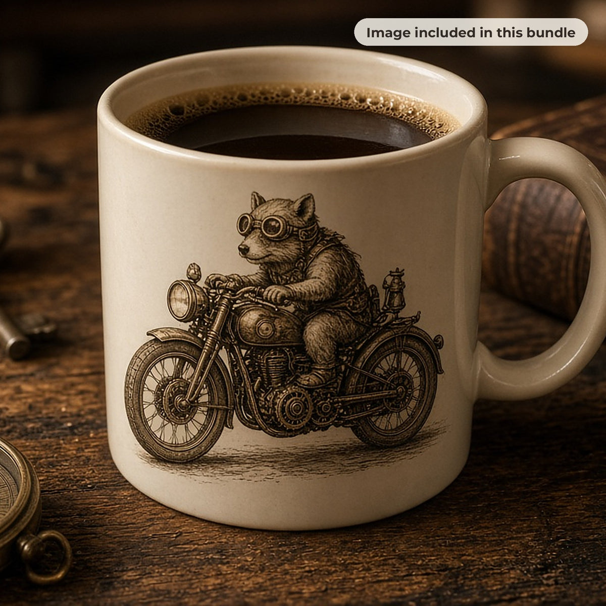 Steampunk Art & Steampunk Pets: Cream mug printed with a sepia steampunk animal riding a vintage motorbike beside old keys and a compass (image from this bundle)