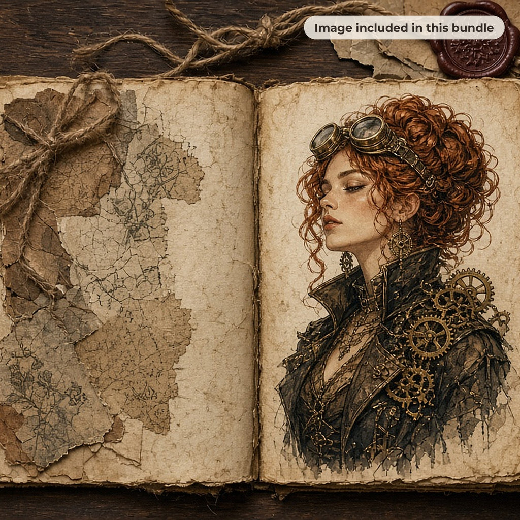 Steampunk Art & Steampunk Pets: Vintage junk journal page with a steampunk woman with copper curls and goggles, surrounded by gears and keys (image from this bundle)